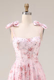Sparkly Pink A-Line Floral Sequins Long Prom Dress with Bows