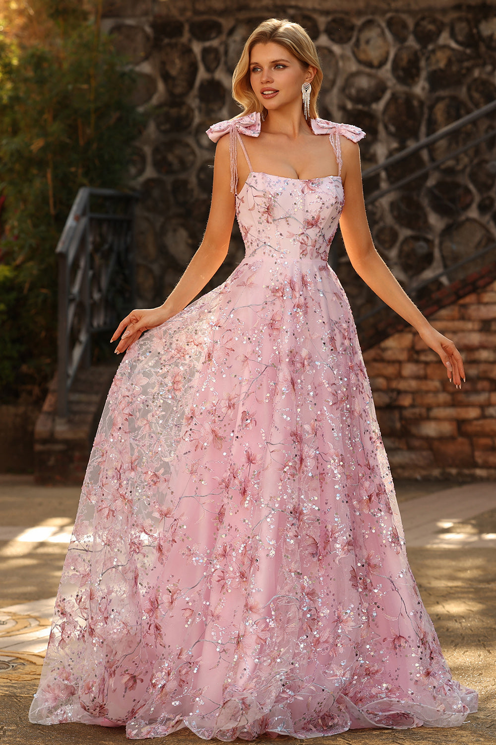 pink a line prom dress Zapaka Women Sparkly Pink Long Prom Dress with Bows A-Line Floral Spaghetti Straps Sequins Party Dress, Pink / UK22