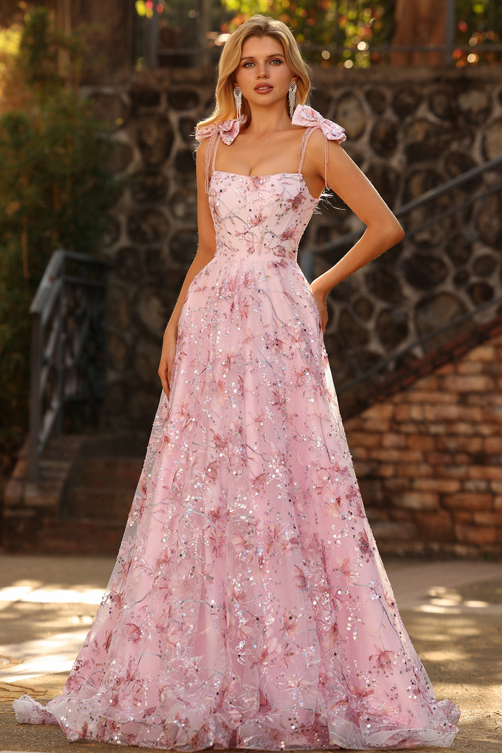 Zapaka Women Sparkly Pink Long Prom Dress with Bows A-Line Floral Spaghetti Straps Sequins Party Dress, Pink / UK22 Zapaka Women Sparkly Pink Long Prom Dress with Bows A-Line Floral Spaghetti Straps Sequins Party Dress, Pink / UK22