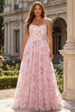 Sparkly Pink A-Line Floral Sequins Long Plus Size Prom Dress with Bows