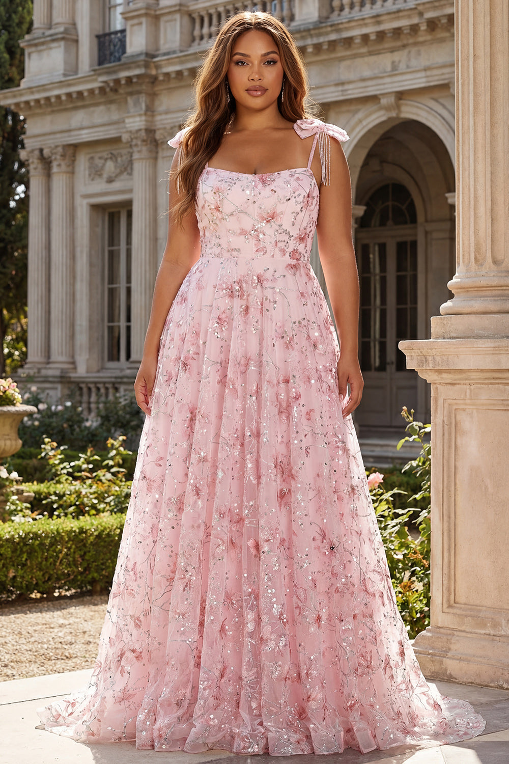 Zapaka Women Sparkly Pink Long Prom Dress with Bows A-Line Floral Spaghetti Straps Sequins Party Dress, Pink / UK22 Zapaka Women Sparkly Pink Long Prom Dress with Bows A-Line Floral Spaghetti Straps Sequins Party Dress, Pink / UK22