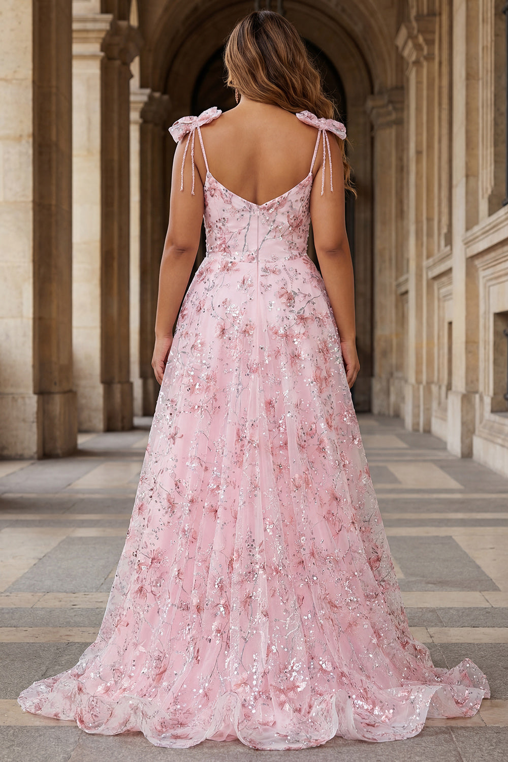 Zapaka Women Sparkly Pink Long Prom Dress with Bows A-Line Floral Spaghetti Straps Sequins Party Dress, Pink / UK22 Zapaka Women Sparkly Pink Long Prom Dress with Bows A-Line Floral Spaghetti Straps Sequins Party Dress, Pink / UK22