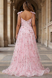 Sparkly Pink Floral A-Line Sequin Long Prom Dress with Bows