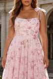 Sparkly Pink A-Line Floral Sequins Long Plus Size Prom Dress with Bows