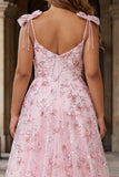 Sparkly Pink A-Line Floral Sequins Long Plus Size Prom Dress with Bows