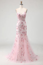 Sparkly Pink Floral Corset Mermaid Long Prom Dress with Sequins
