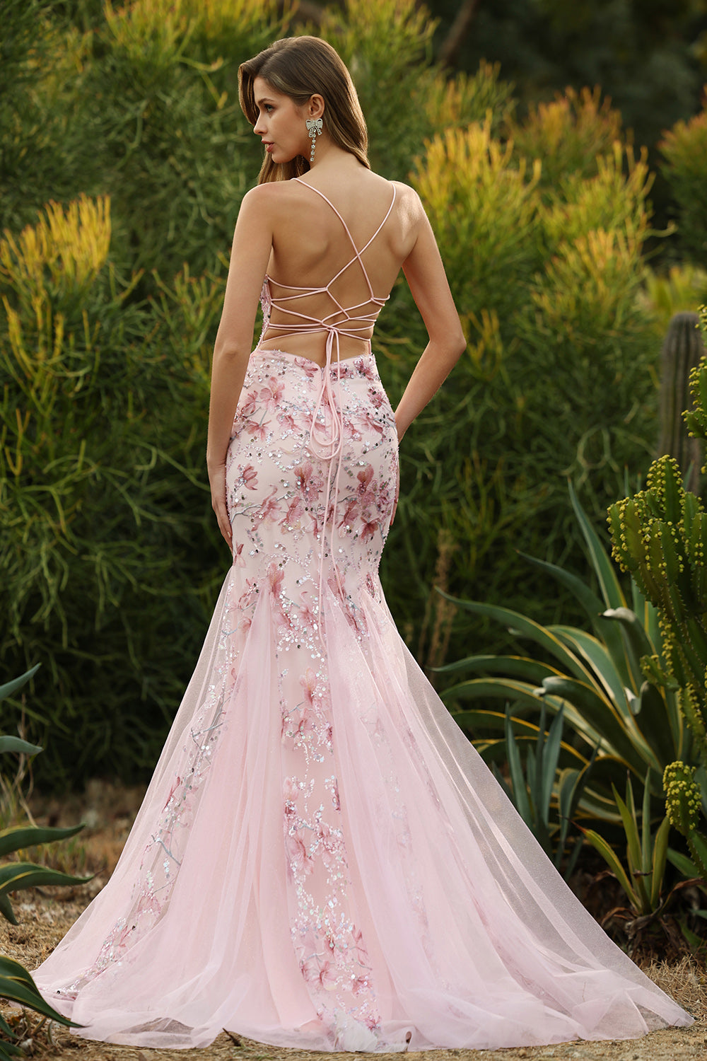 Zapaka Women Pink Mermaid Long Prom Dress with Sequins Floral Spaghetti Straps Party Dress with Lace Up Back, Pink / US22W Zapaka Women Pink Mermaid Long Prom Dress with Sequins Floral Spaghetti Straps Party Dress with Lace Up Back, Pink / US22W