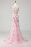 Sparkly Pink Floral Corset Mermaid Long Prom Dress with Sequins
