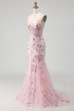 Sparkly Pink Floral Corset Mermaid Long Prom Dress with Sequins