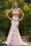Pink Corset Floral Mermaid Lace Up Back Long Prom Dress with Sequins