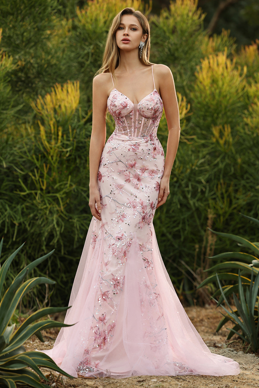 Zapaka Women Pink Mermaid Long Prom Dress with Sequins Floral Spaghetti Straps Party Dress with Lace Up Back, Pink / US22W Zapaka Women Pink Mermaid Long Prom Dress with Sequins Floral Spaghetti Straps Party Dress with Lace Up Back, Pink / US22W
