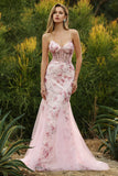 Pink Corset Floral Mermaid Lace Up Back Long Prom Dress with Sequins