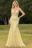 Yellow Mermaid Corset Floral Lace Up Back Long Prom Dress with Sequins