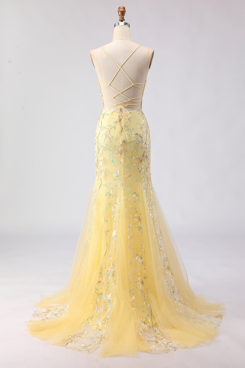 Zapaka Women Yellow Mermaid Long Prom Dress with Sequins Floral Spaghetti Straps Corset Party Dress with Lace Up Back ZAPAKA Zapaka Women Yellow Mermaid Long Prom Dress with Sequins Floral Spaghetti Straps Corset Party Dress with Lace Up Back ZAPAKA
