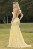 Yellow Mermaid Corset Floral Lace Up Back Long Prom Dress with Sequins