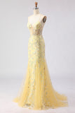 Yellow Mermaid Corset Floral Lace Up Back Long Prom Dress with Sequins
