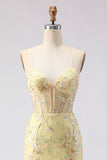 Yellow Mermaid Corset Floral Lace Up Back Long Prom Dress with Sequins