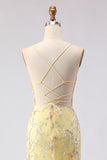 Yellow Mermaid Corset Floral Lace Up Back Long Prom Dress with Sequins