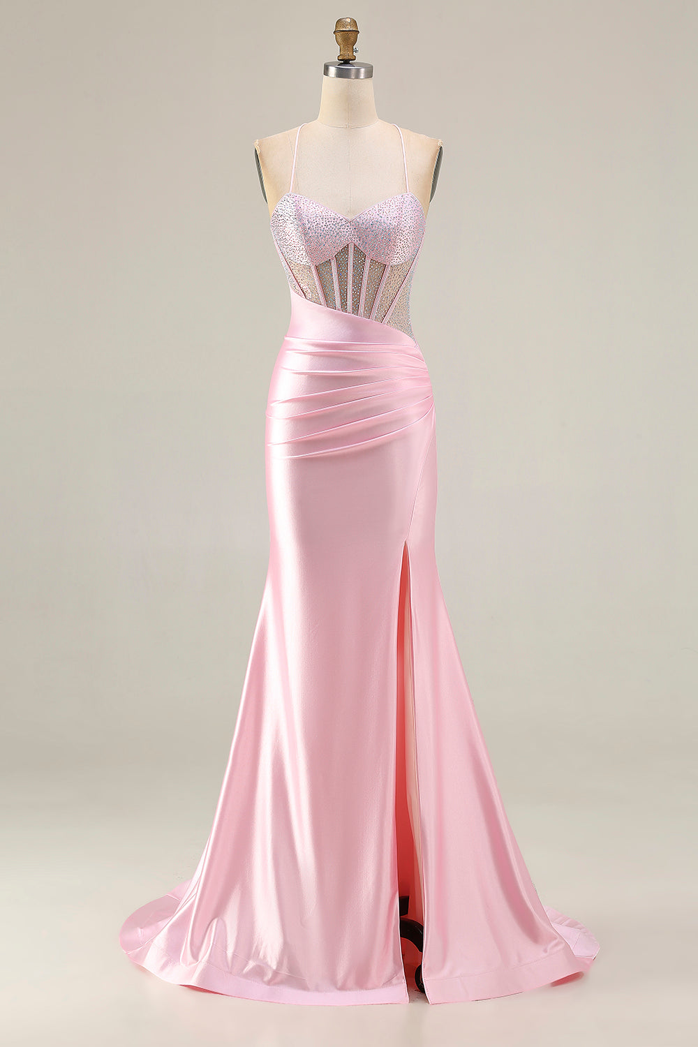 Zapaka Women Pink Long Prom Dress with Slit Beaded Mermaid Spaghetti Straps Corset Ruched Formal Dress, Pink / UK18 Zapaka Women Pink Long Prom Dress with Slit Beaded Mermaid Spaghetti Straps Corset Ruched Formal Dress, Pink / UK18