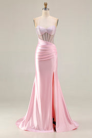 Pink Beaded Mermaid Spaghetti Straps Corset Ruched Long Prom Dress with Slit