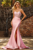 Pink Mermaid Beaded Sheer Corset Ruched Long Prom Dress with Slit