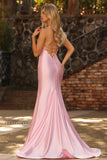 Pink Beaded Mermaid Spaghetti Straps Corset Ruched Long Prom Dress with Slit