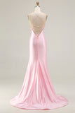Pink Beaded Mermaid Spaghetti Straps Corset Ruched Long Prom Dress with Slit