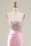 Pink Beaded Mermaid Spaghetti Straps Corset Ruched Long Prom Dress with Slit