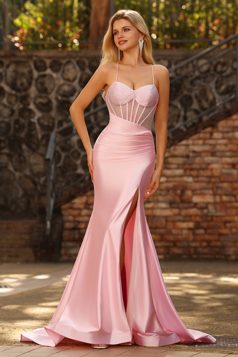 beige knit maxi dress Pink Crepe A Line Gown With Beaded 3/4 Sleeves main image 1