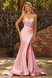 Pink Beaded Mermaid Spaghetti Straps Corset Ruched Long Prom Dress with Slit