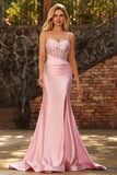 Pink Mermaid Beaded Sheer Corset Ruched Long Prom Dress with Slit