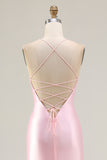 Pink Beaded Mermaid Spaghetti Straps Corset Ruched Long Prom Dress with Slit