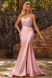 Pink Mermaid Beaded Sheer Corset Ruched Long Prom Dress with Slit