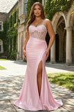 Pink Mermaid Spaghetti Straps Beaded Corset Long Plus Size Prom Dress with Slit