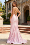 Pink Mermaid Spaghetti Straps Beaded Corset Long Plus Size Prom Dress with Slit