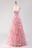 Pink Print Floral Strapless A Line Corset Long Prom Dress