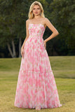 Pink Print Floral Strapless A Line Corset Long Prom Dress