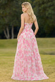 Pink Print Floral Strapless A Line Corset Long Prom Dress