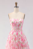 Pink Print Floral Strapless A Line Corset Long Prom Dress