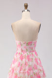 Pink Print Floral Strapless A Line Corset Long Prom Dress