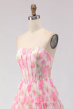 Pink Print Floral Strapless A Line Corset Long Prom Dress
