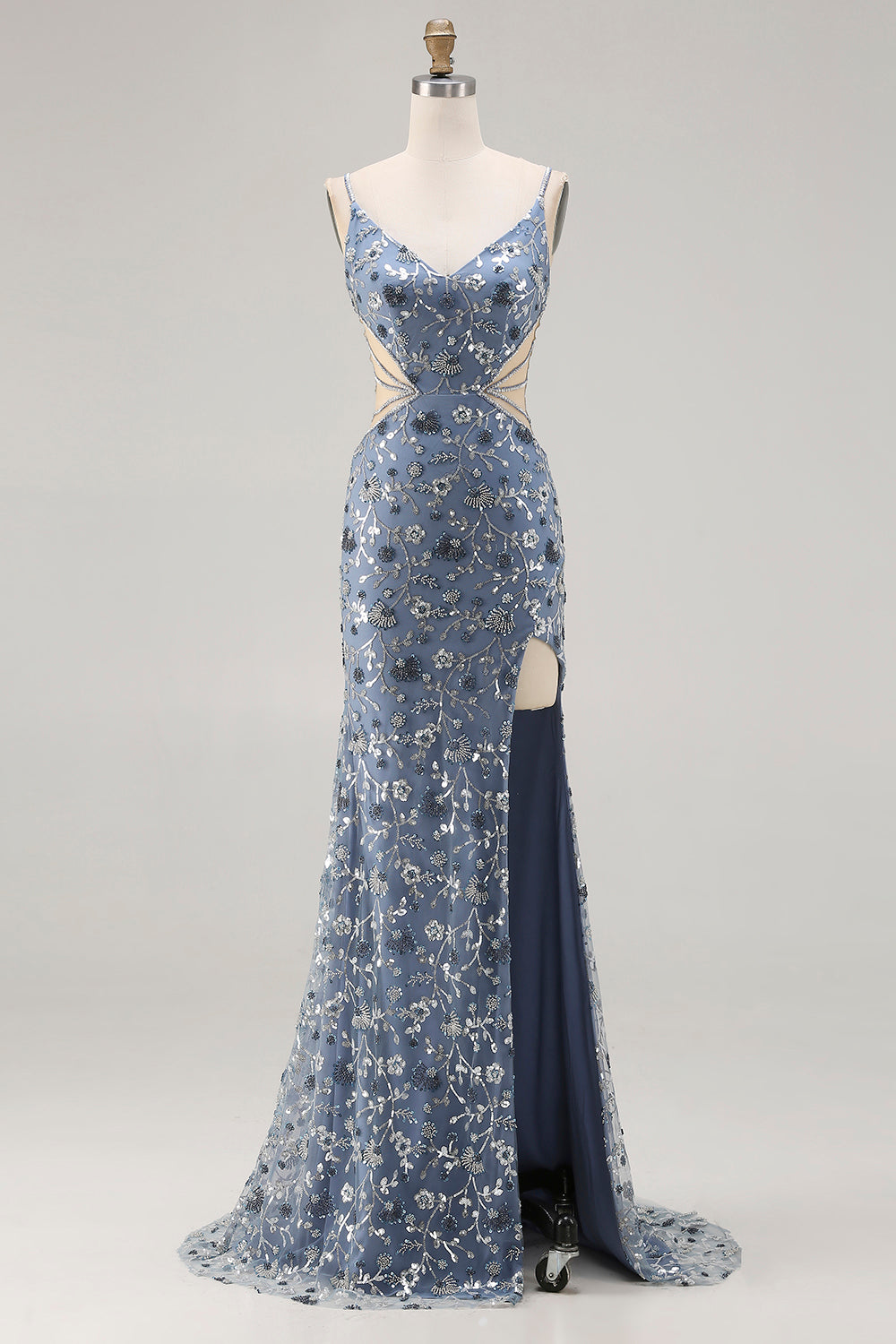 Zapaka Women Dusty Blue Long Prom Dress with Slit Beaded Mermaid Spaghetti Straps Party Dress with Sequins, Dusty Blue / US16W Zapaka Women Dusty Blue Long Prom Dress with Slit Beaded Mermaid Spaghetti Straps Party Dress with Sequins, Dusty Blue / US16W