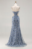 Mermaid Dusty Blue Sequins Beaded Cut Out Long Prom Dress with Slit