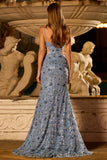 Mermaid Dusty Blue Sequins Beaded Cut Out Long Prom Dress with Slit