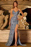 Mermaid Sequins Dusty Blue Beaded Cut Out Long Prom Dress with Slit