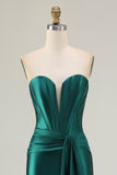 Strapless Mermaid Dark Green Corset Long Prom Dress with Sash