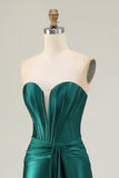 Strapless Mermaid Dark Green Corset Long Prom Dress with Sash