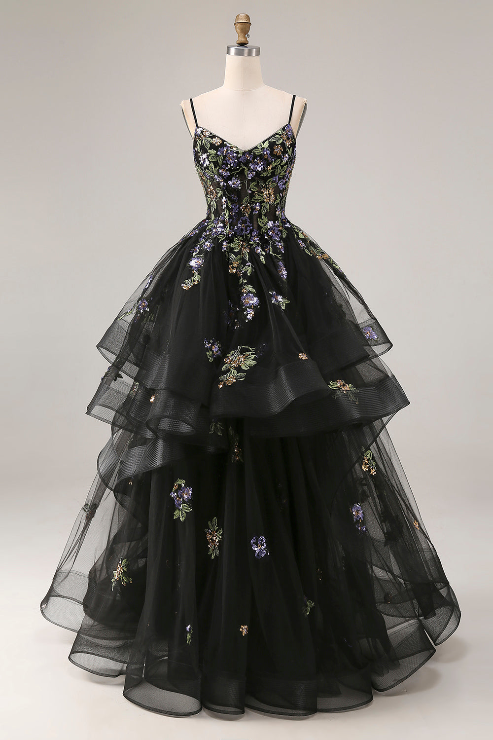 Zapaka Women Black Long Prom Dress with Ruffles Princess Corset Spaghetti Straps Sequins Evening Party Dress with Lace Up Back ZAPAKA Zapaka Women Black Long Prom Dress with Ruffles Princess Corset Spaghetti Straps Sequins Evening Party Dress with Lace Up Back ZAPAKA