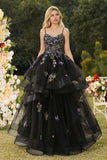 Princess Black Sequins Lace Up Back Long Prom Dress with Ruffles