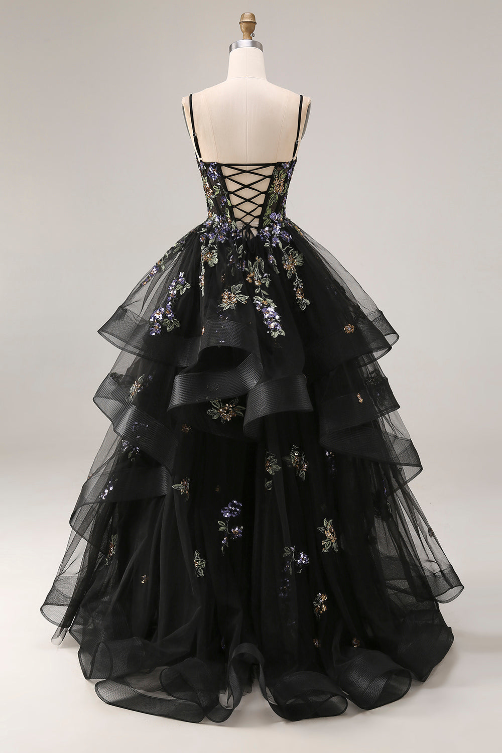 Zapaka Women Black Long Prom Dress with Ruffles Princess Corset Spaghetti Straps Sequins Evening Party Dress with Lace Up Back, Black / US20W Zapaka Women Black Long Prom Dress with Ruffles Princess Corset Spaghetti Straps Sequins Evening Party Dress with Lace Up Back, Black / US20W